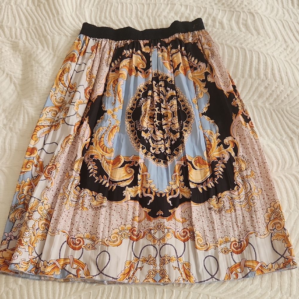 Zara Baroque Print A-Line Skirt - Black, Blue, Cream
